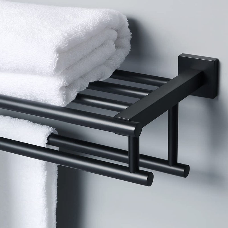 Home Hotel Bathroom Lavatory Accessories Stainless Steel Black Shelf Wall Mount Holder Towel Bar Rack