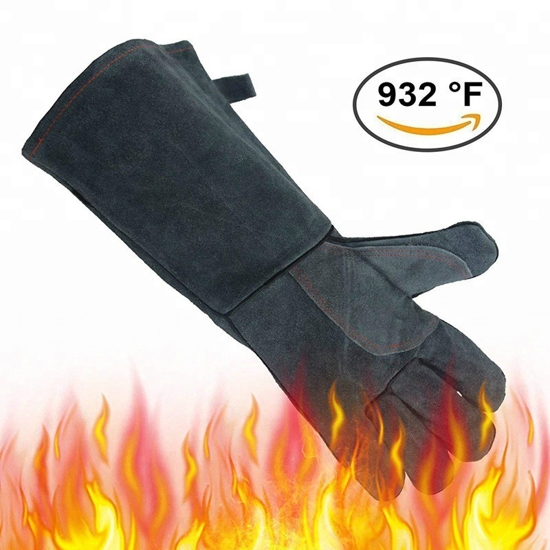 Leather Forge Welding Long Sleeve Insulated Cotton Lining Extreme Heat Resistant BBQ Gloves