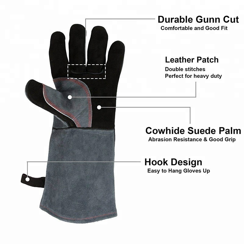 Leather Forge Welding Long Sleeve Insulated Cotton Lining Extreme Heat Resistant BBQ Gloves