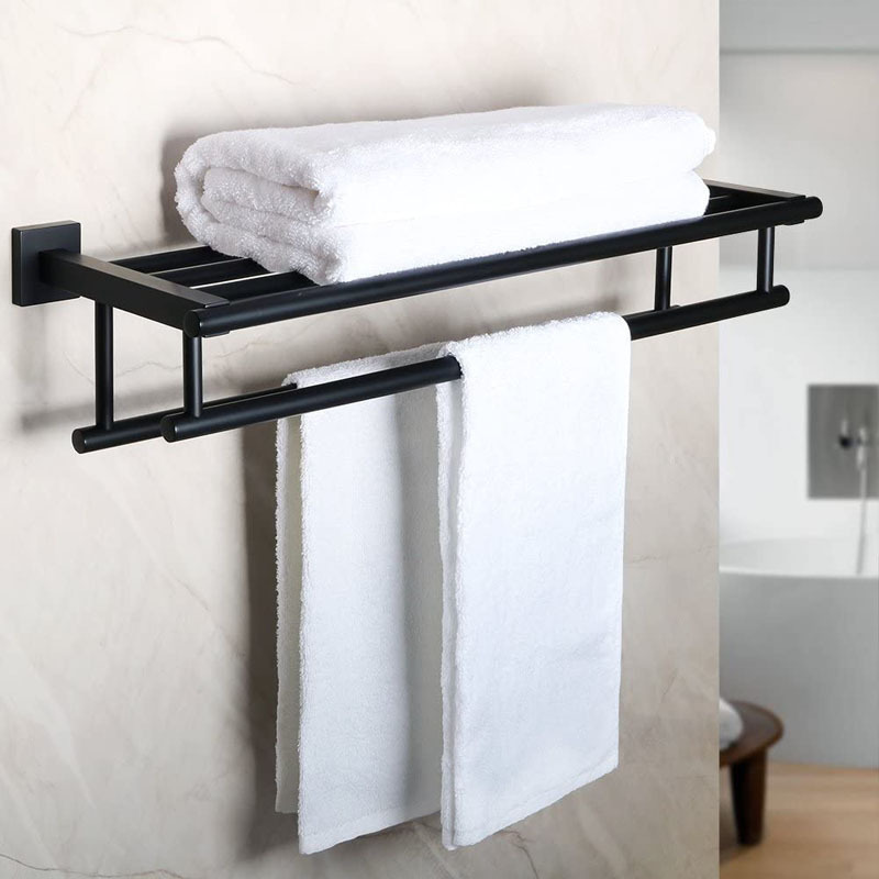 Home Hotel Bathroom Lavatory Accessories Stainless Steel Black Shelf Wall Mount Holder Towel Bar Rack