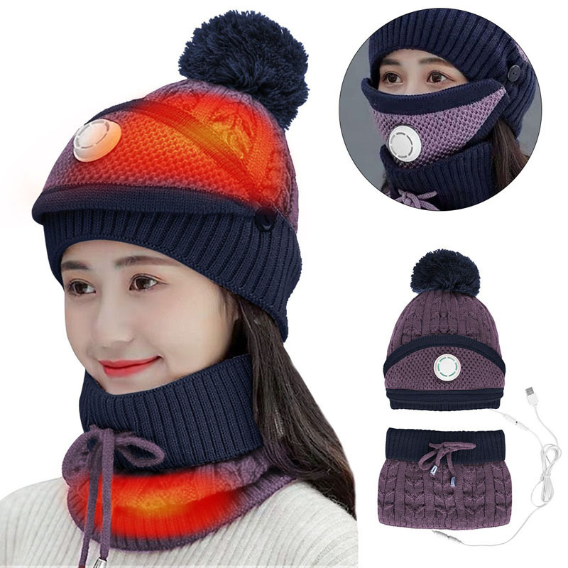 Cycling Bike Warm Knit Thick Fleece Lined Winter Cap Neck Warmer Outdoor Skating Skiing Sports Winter USB Heated Hat Scarf Sets