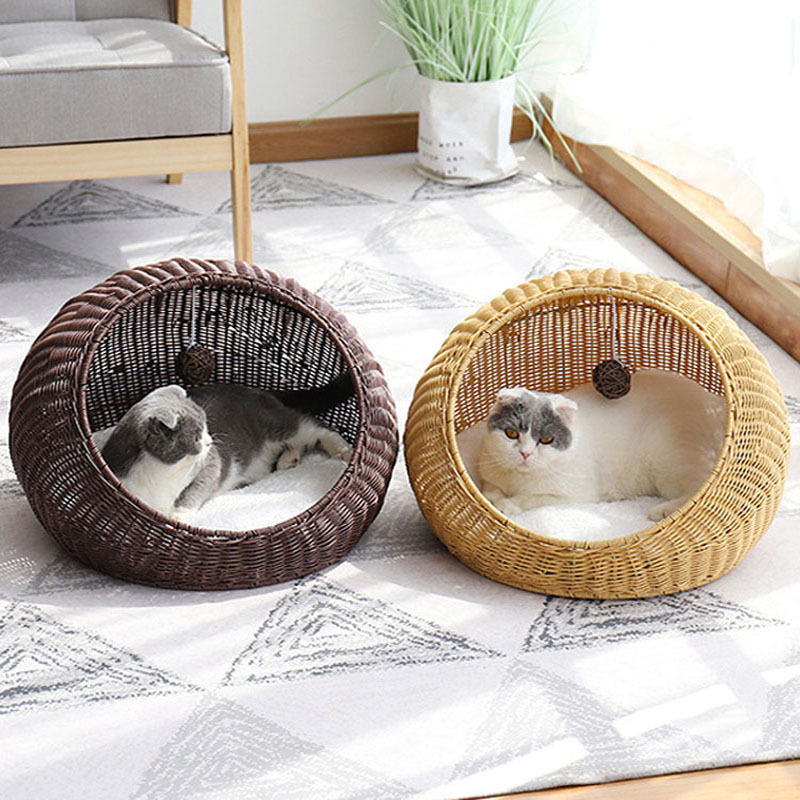 Round Pet Products Accessories Supplies PE Rope Rattan Wicker Pet Cage Removable Big Sofa Cat Bed