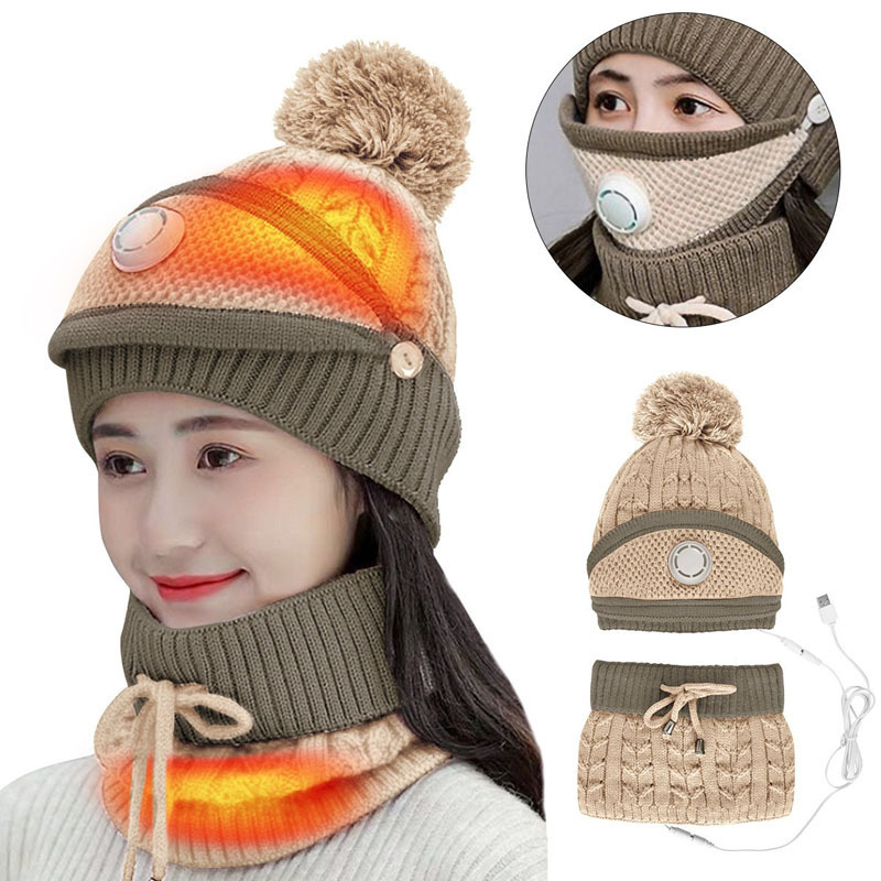 Cycling Bike Warm Knit Thick Fleece Lined Winter Cap Neck Warmer Outdoor Skating Skiing Sports Winter USB Heated Hat Scarf Sets