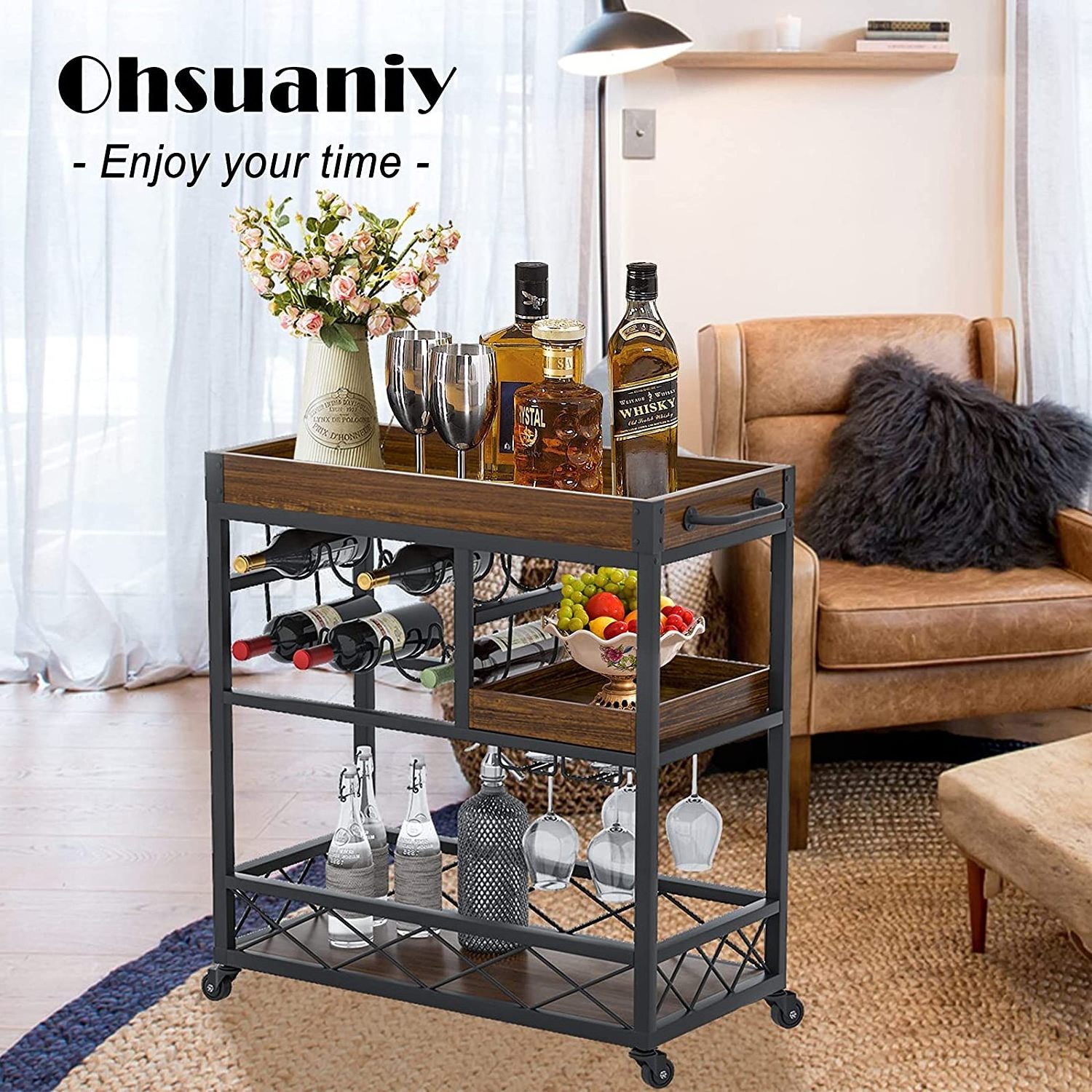 Industrial Kitchen Bar Serving Carts 3 Tier Storage Trolley with Wine Rack Glass Holder Rack for Kitchen Home