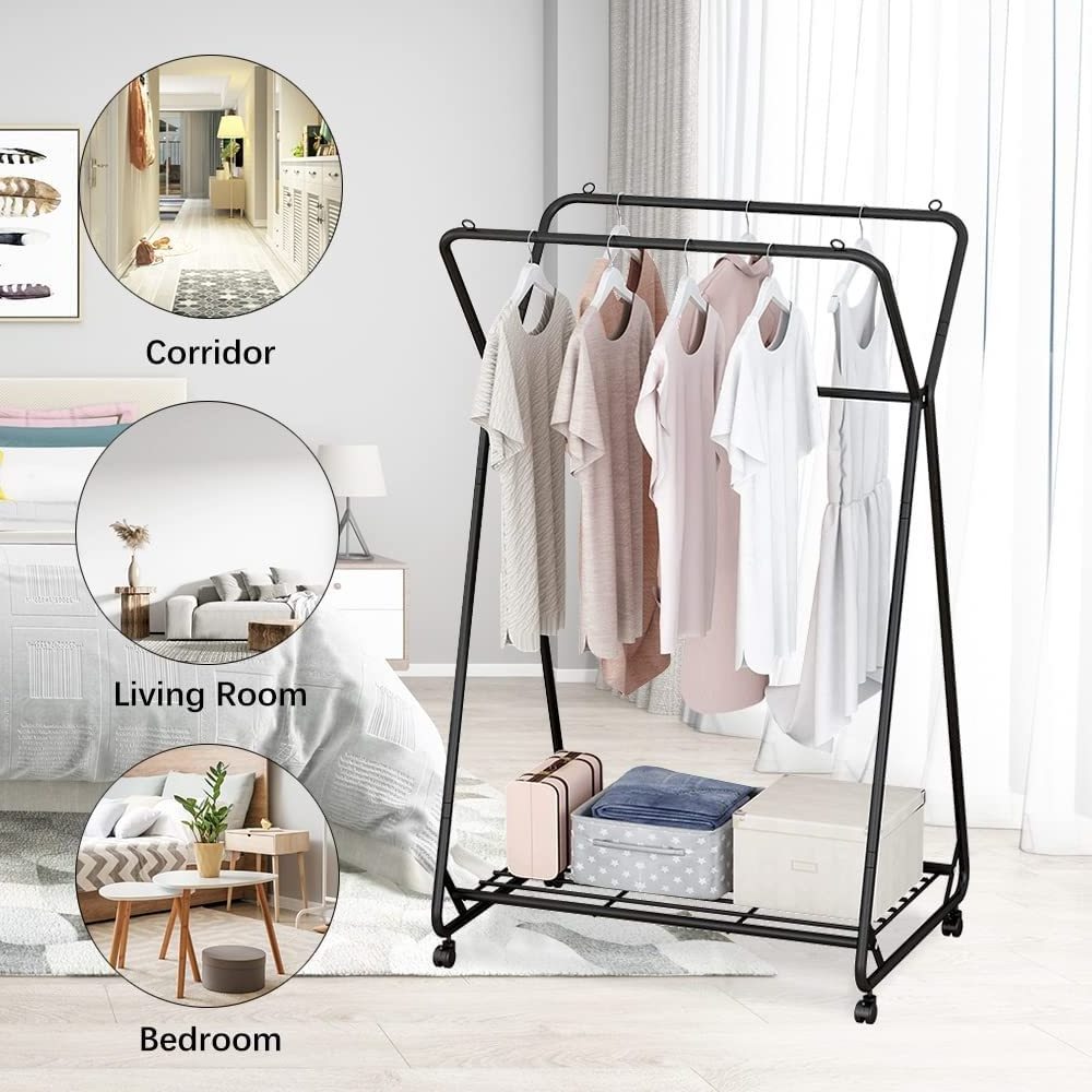 Clothing Garment Rack Rolling Clothes Organizer with Wheels and Bottom Shelves Removable Metal Coat Double Rail Clothes Rack