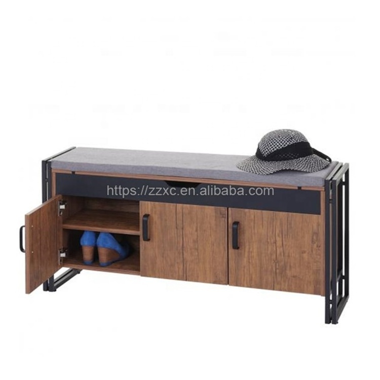 Brown Wooden Shoe Storage Cabinet Bench with Fabric Cushioned Seat