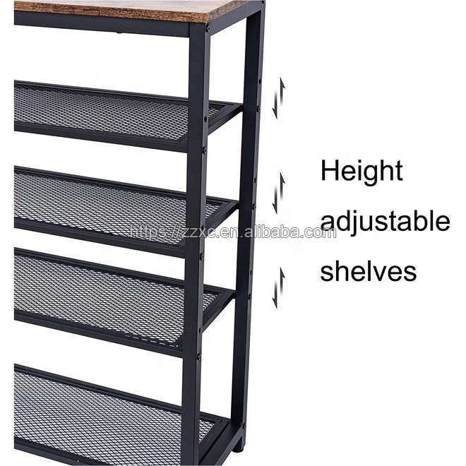 Industrial Style Height Adjustable 5-Tier Metal Shoe Rack Organizer With 4 Mesh Shelves