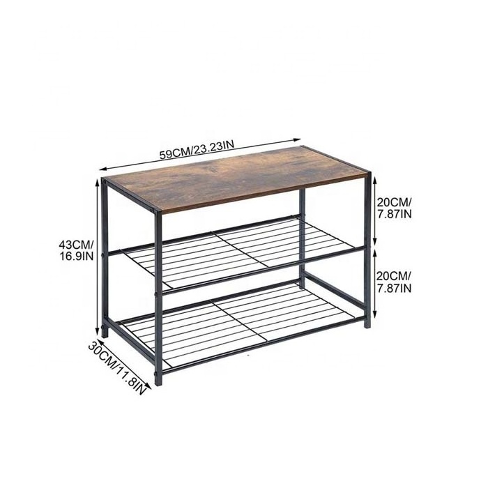 Modern 3-Tier Black Metal Wire Shoe Rack With Wooden Seat