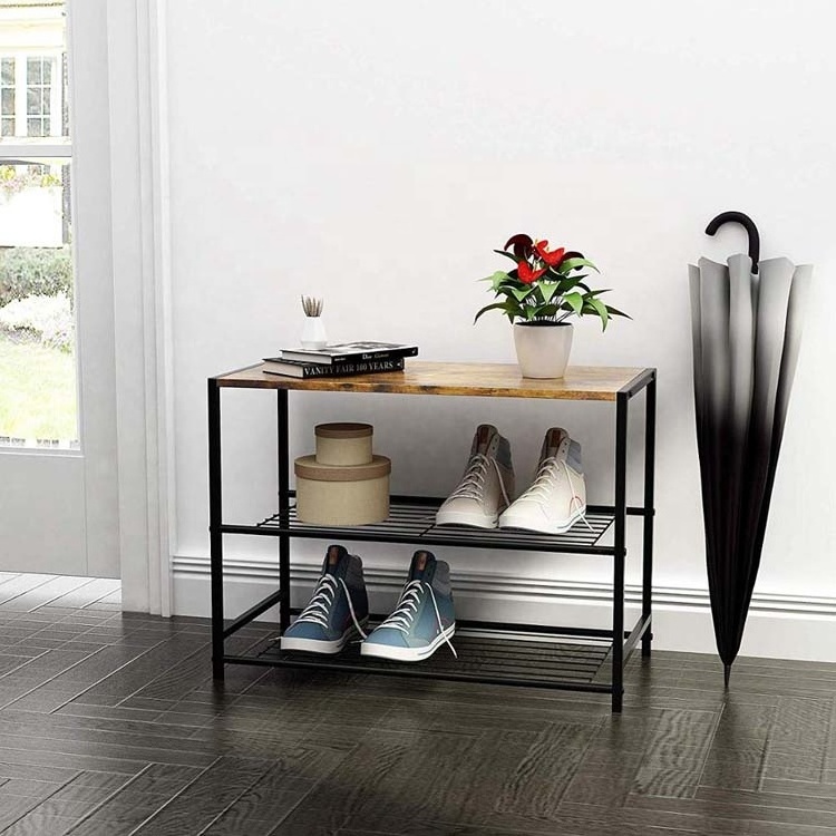 Modern 3-Tier Black Metal Wire Shoe Rack With Wooden Seat