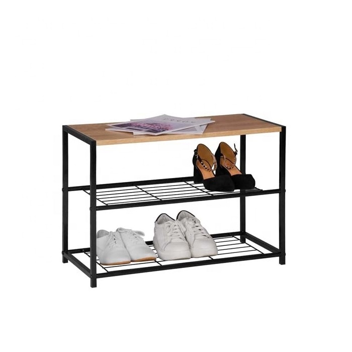 Modern 3-Tier Black Metal Wire Shoe Rack With Wooden Seat