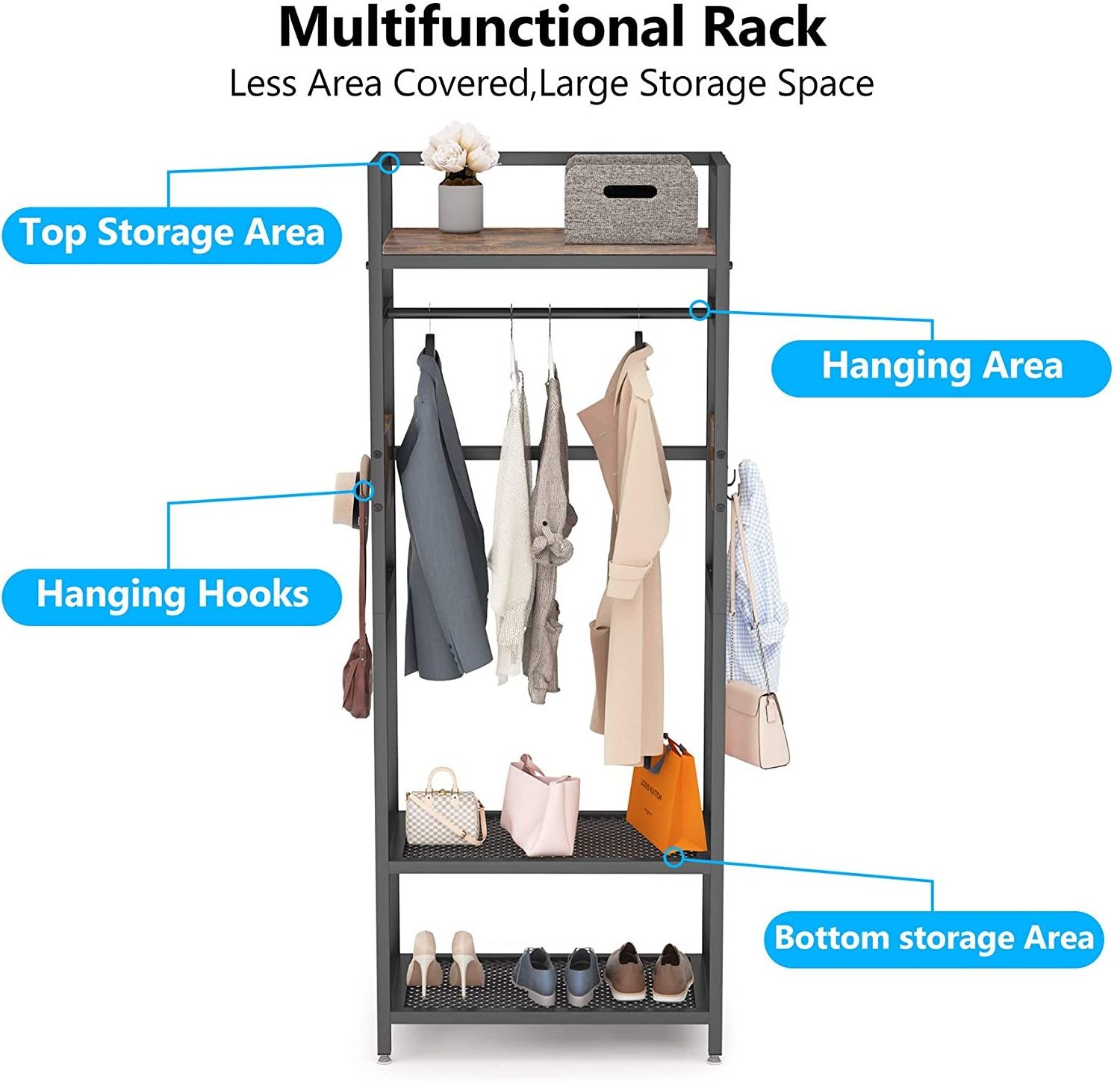 Industrial Hall Tree Entryway Coat Rack with Shoe Storage Shelf and Hooks Freestanding Closet Organizer for Living Bedroom