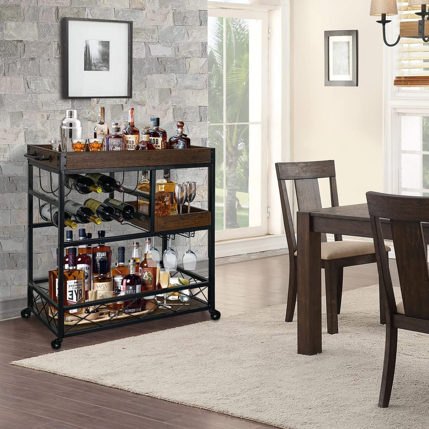 Industrial Kitchen Bar Serving Carts 3 Tier Storage Trolley with Wine Rack Glass Holder Rack for Kitchen Home