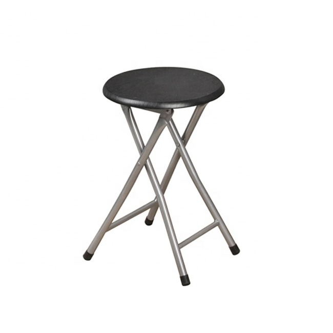 Small Round Wood Seat Folding Stool With Metal Legs