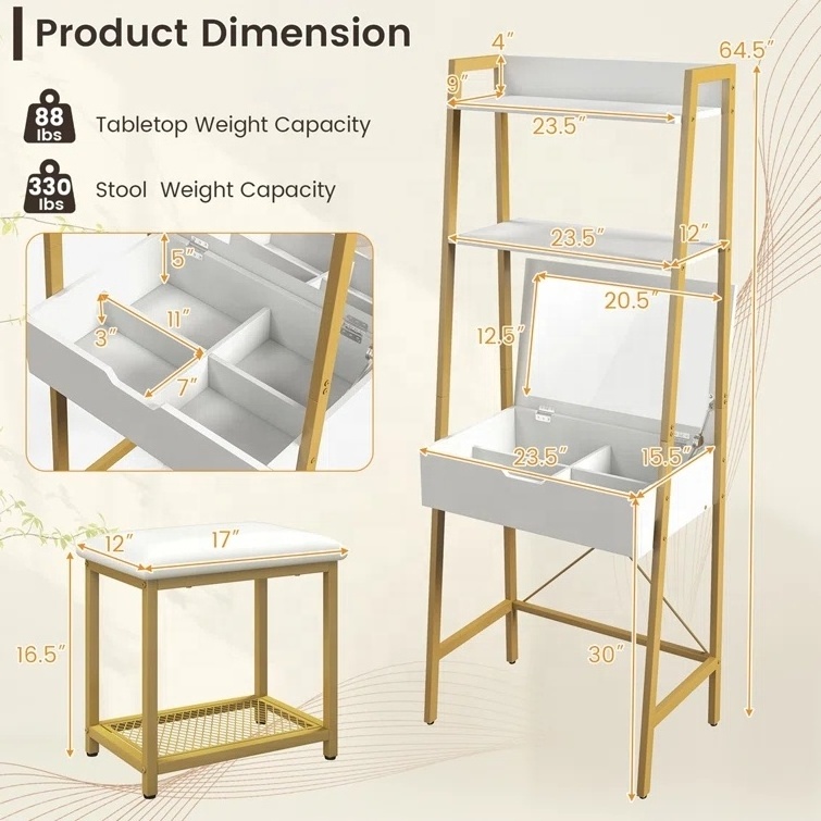 European USA Vanity Modern Cosmetic Table With Shelves Dressing Table With Mirror And Storage