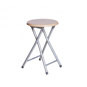 Small Round Wood Seat Folding Stool With Metal Legs