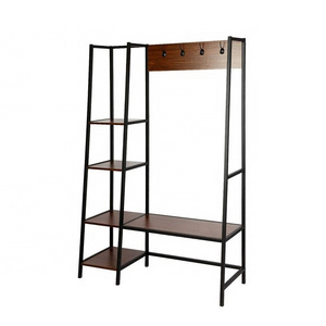 Free Standing Closet Organizer Metal Entryway Bench with Coat Rack with 4 Hooks Hanging Clothes and Storage Rack for Bedroom