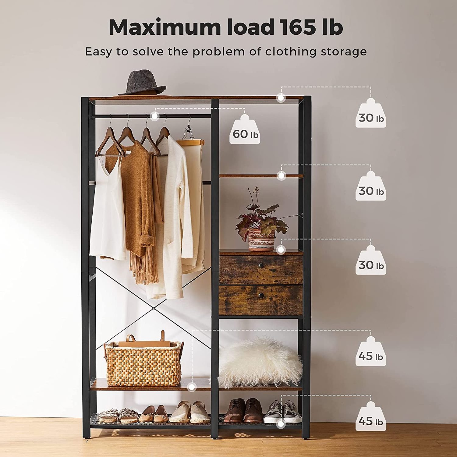 Industrial Closet Organizer with Storage Shelves Free Standing Clothes Rack 2 Drawers Garment Rack Living Room Furniture