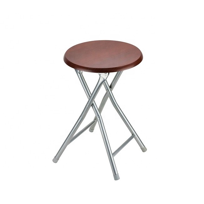 Small Round Wood Seat Folding Stool With Metal Legs