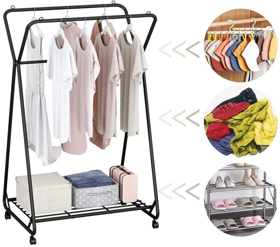 Clothing Garment Rack Rolling Clothes Organizer with Wheels and Bottom Shelves Removable Metal Coat Double Rail Clothes Rack