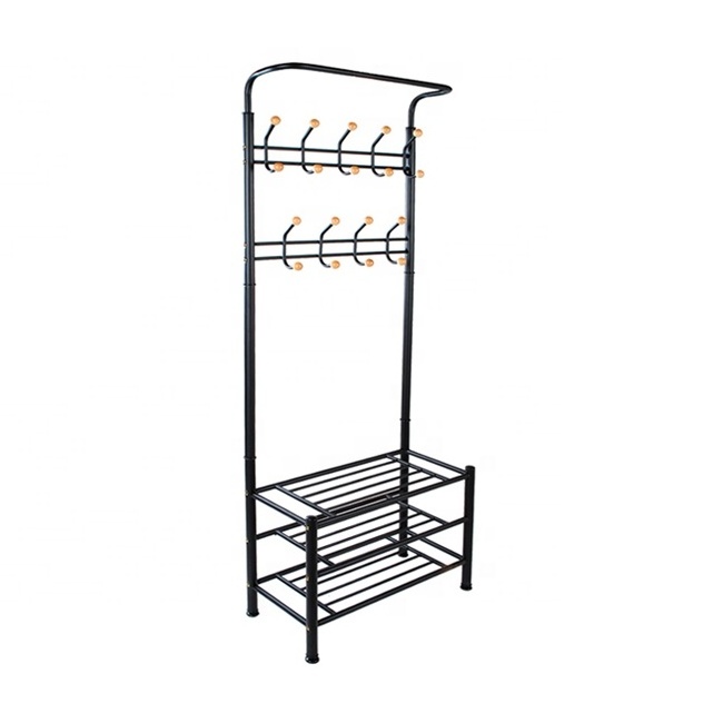 Entryway Hall Tree Metal Clothes Hanger Rack Stand with Shoe Storage Shelf