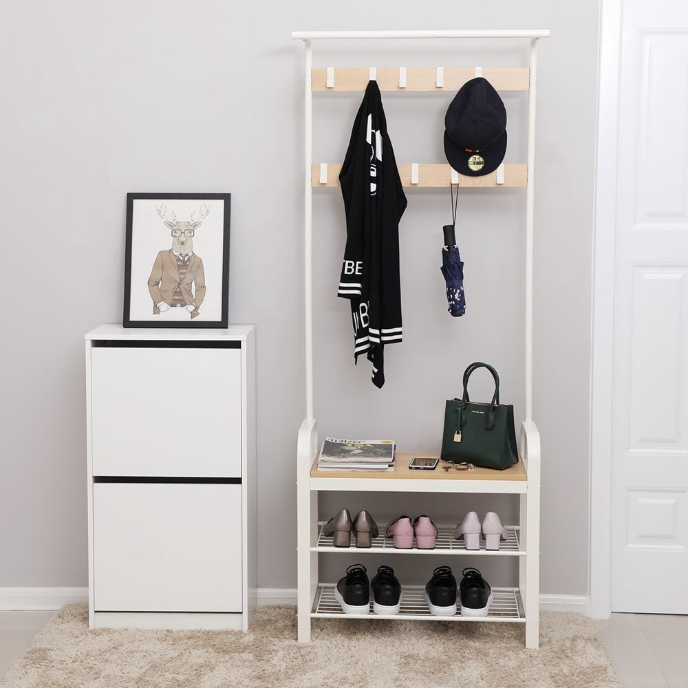 Coat Rack, Coat Stand with Shoe Storage Bench Hall Tree with Shoe Rack 3-in-1 Design Steel Frame for Hallway