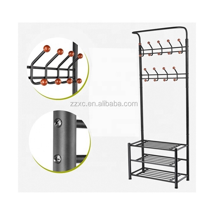 Entryway Hall Tree Metal Clothes Hanger Rack Stand with Shoe Storage Shelf