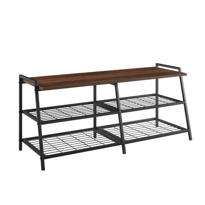 Entryway Walnut Shoe Rack Bench With 2-Tier Wire Mesh Storage Shelf