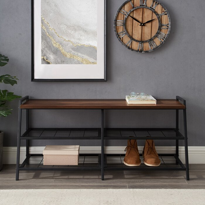 Entryway Walnut Shoe Rack Bench With 2-Tier Wire Mesh Storage Shelf