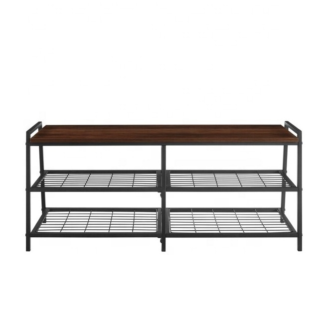 Entryway Walnut Shoe Rack Bench With 2-Tier Wire Mesh Storage Shelf