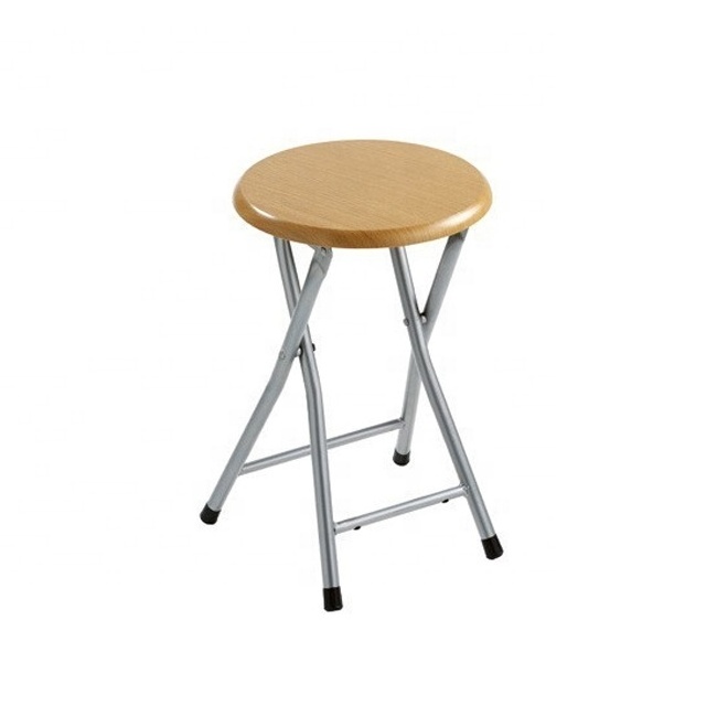 Small Round Wood Seat Folding Stool With Metal Legs