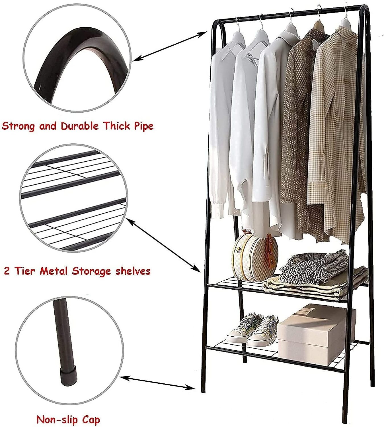 Clothes Garment Rack with Shoe Shelves Heavy Duty Clothing Rack Metal Clothes Rack for Bedroom Living Room