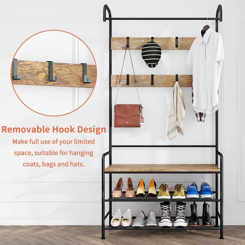 Industrial Entryway Coat Rack 4-in-1 Hall Tree Coat Hangers Stand with Shoe Bench and Storage Shelf for Living Bedroom