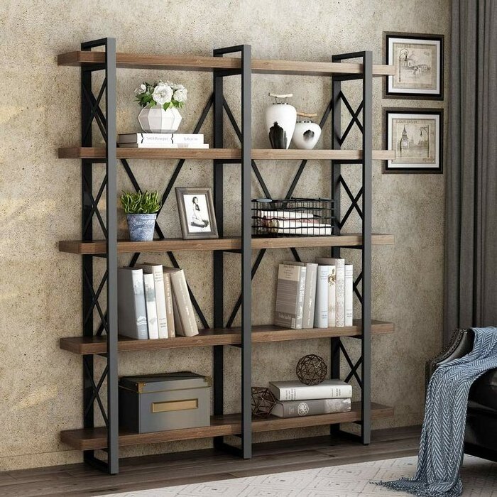 Industrial Wide Open Etagere Double  Bookcase X-Bracing Bookcase Home Office Cabinet Industrial Standing Storage  Racks