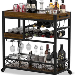 Industrial Kitchen Bar Serving Carts 3 Tier Storage Trolley with Wine Rack Glass Holder Rack for Kitchen Home