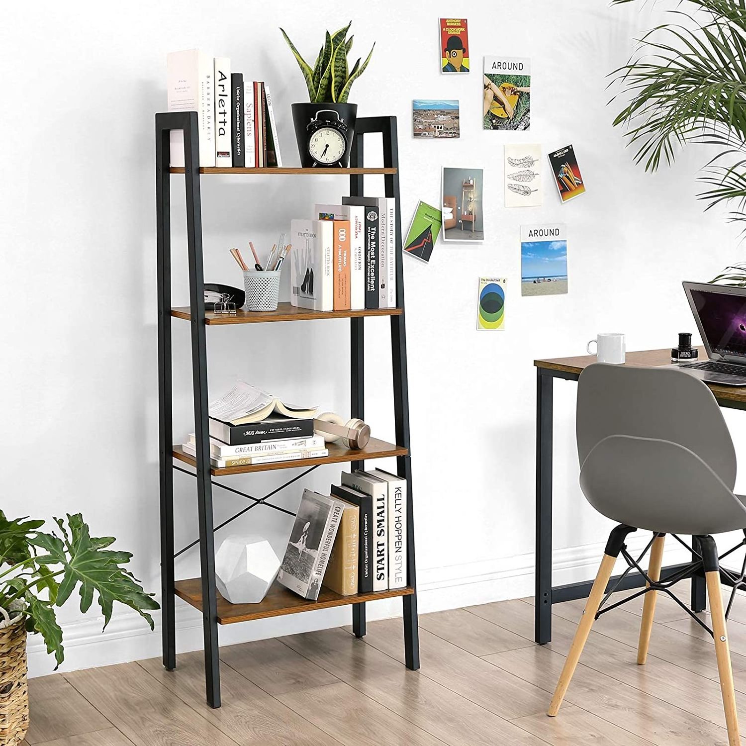 Industrial Design Bookcase 4 Tier Ladder Shelf For Living Room Bedroom Office Industrial Rustic Style