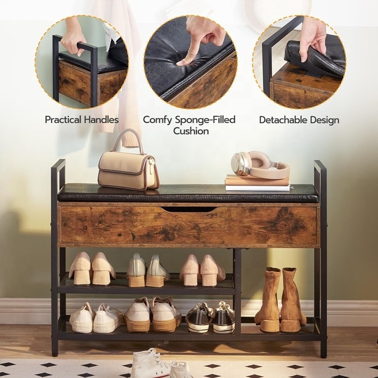 Hallway Black PU Cushion Lift Top Shoe Bench with Mesh Shelf Storage