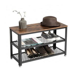 3-Tier Wire Mesh Metal Shoe Storage Rack With Rustic Brown Wooden Top