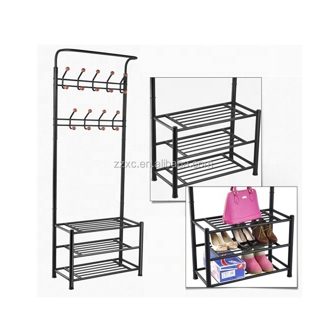 Entryway Hall Tree Metal Clothes Hanger Rack Stand with Shoe Storage Shelf