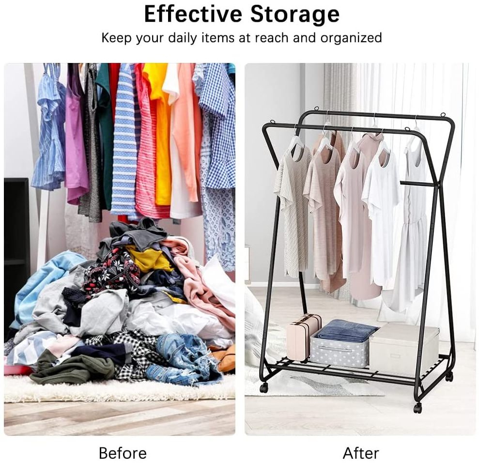 Clothing Garment Rack Rolling Clothes Organizer with Wheels and Bottom Shelves Removable Metal Coat Double Rail Clothes Rack