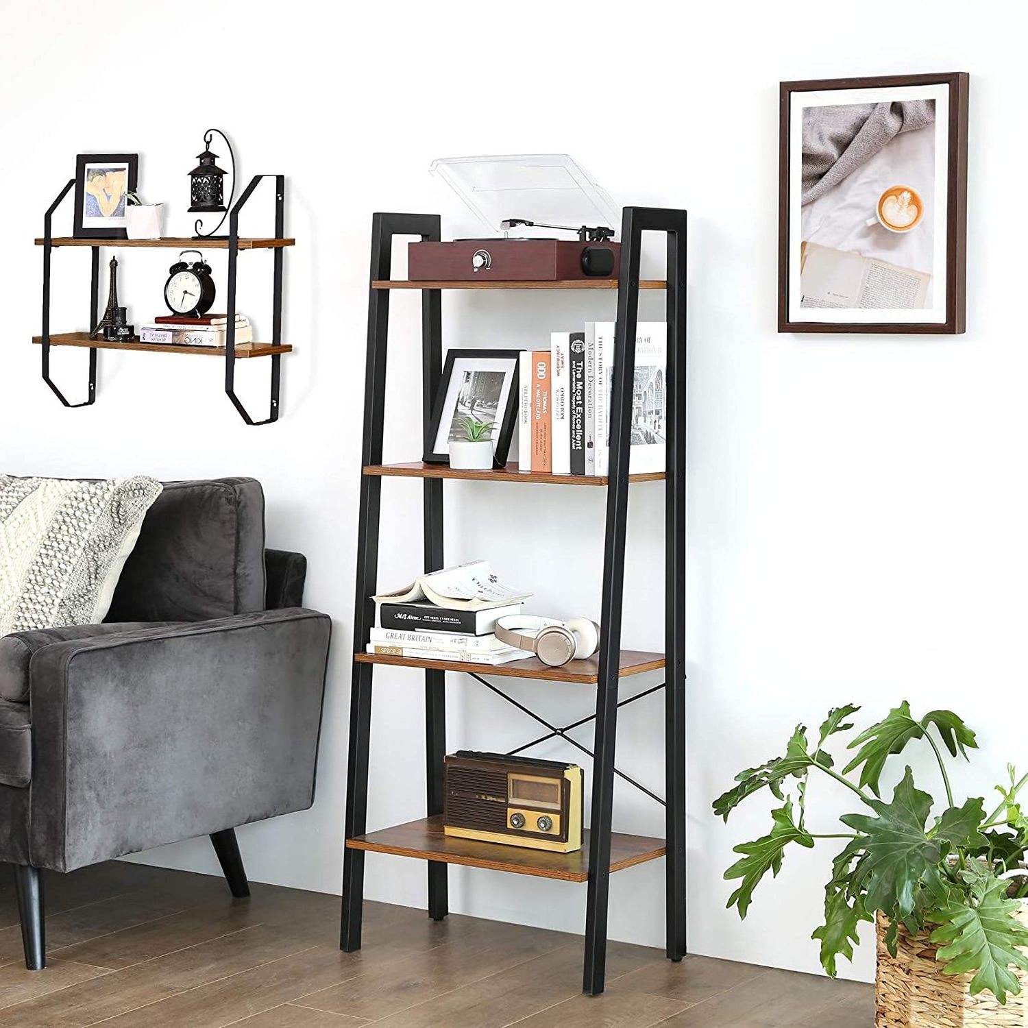 Industrial Design Bookcase 4 Tier Ladder Shelf For Living Room Bedroom Office Industrial Rustic Style