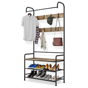 Industrial Entryway Coat Rack 4-in-1 Hall Tree Coat Hangers Stand with Shoe Bench and Storage Shelf for Living Bedroom