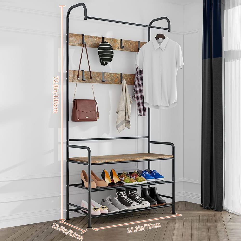 Industrial Entryway Coat Rack 4-in-1 Hall Tree Coat Hangers Stand with Shoe Bench and Storage Shelf for Living Bedroom