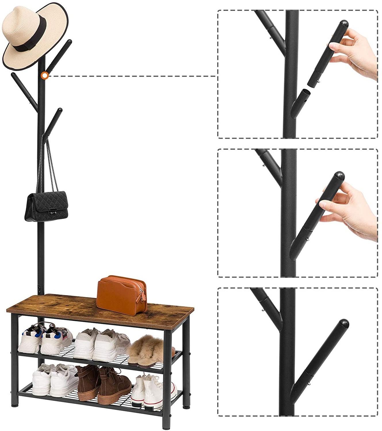 3-IN-1 Coat Rack Shoe Bench Entryway Storage Bench 3-Tier Shoe Rack and Coat Stand With Metal Mesh Shelves Mudroom Bench Bedroom