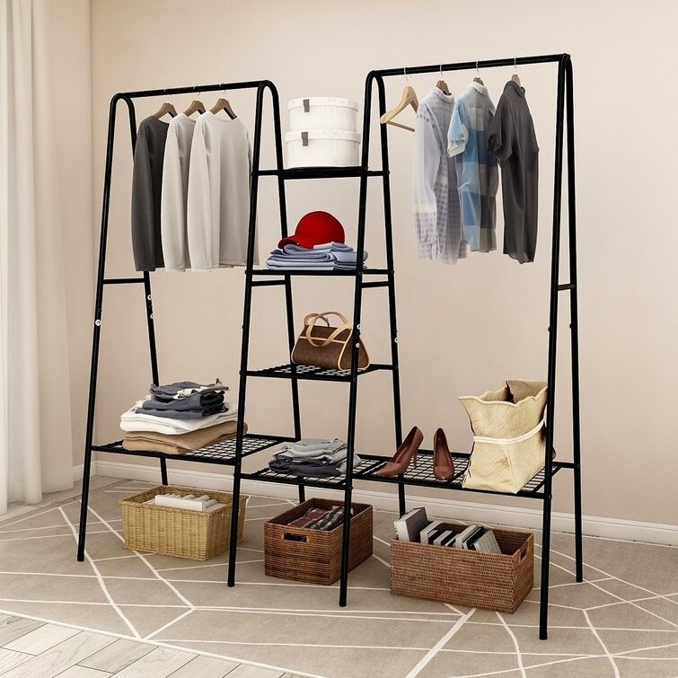 Bedroom Living Room Furniture Clothes Rack with Shoe Metal Shelves Heavy Duty Garment Rack