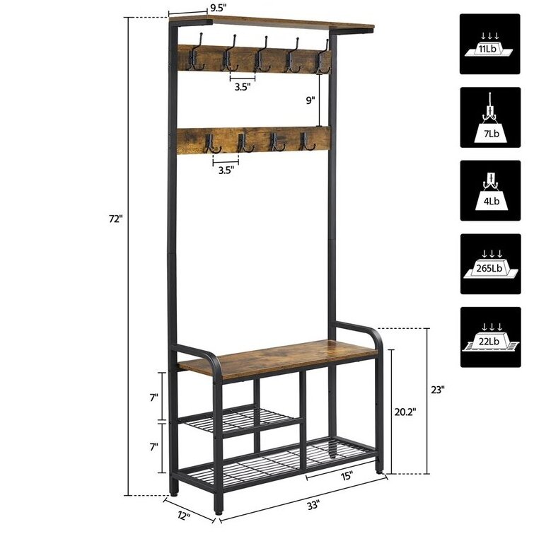 Hall Tree Clothes Garment Rack with Shoe Shelves Heavy Duty Clothing Rack Metal Clothes Rack for Bedroom Living Room