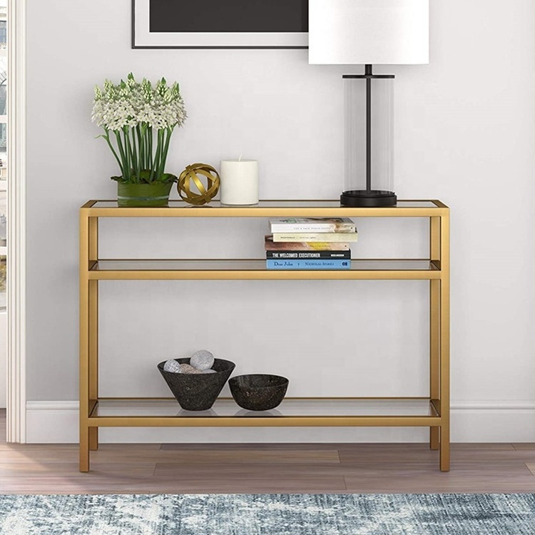 Entryway Narrow 3-Tier Mirrored Console Table in Golden Metal Frame