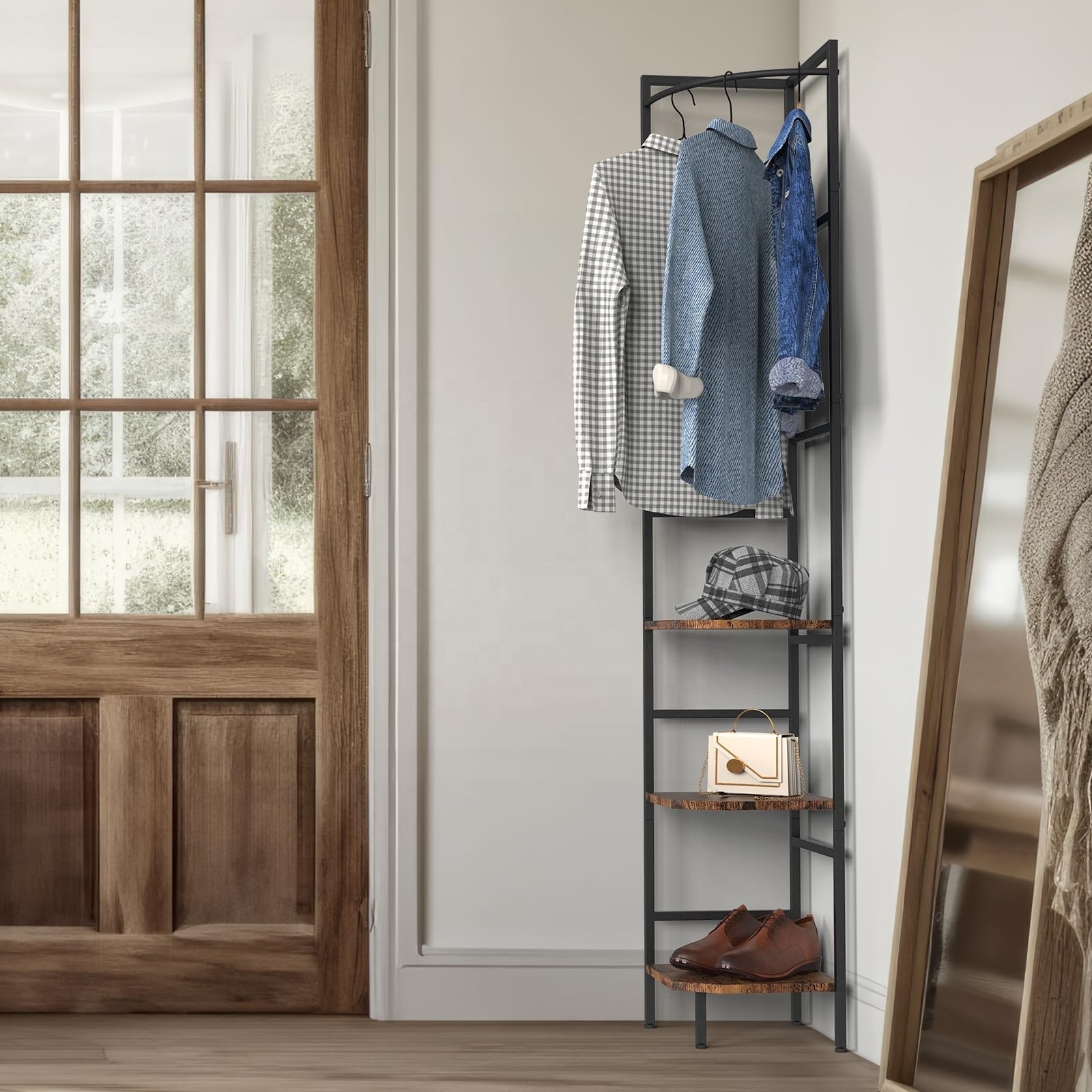 Corner Coat and Shoe Rack with Shelves Entryway Coat Rack with Storage Freestanding Clothes Rack for Small Space