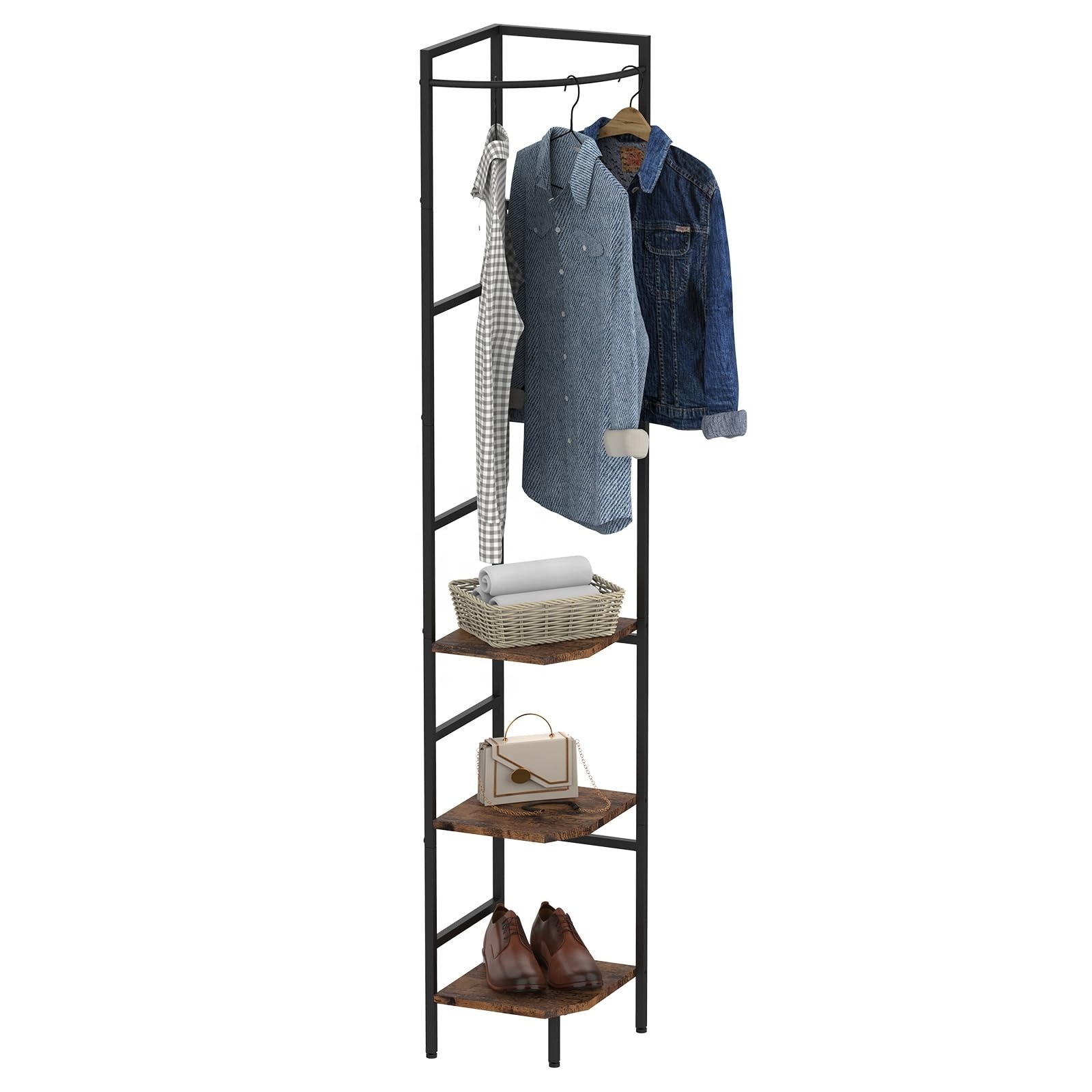 Corner Coat and Shoe Rack with Shelves Entryway Coat Rack with Storage Freestanding Clothes Rack for Small Space