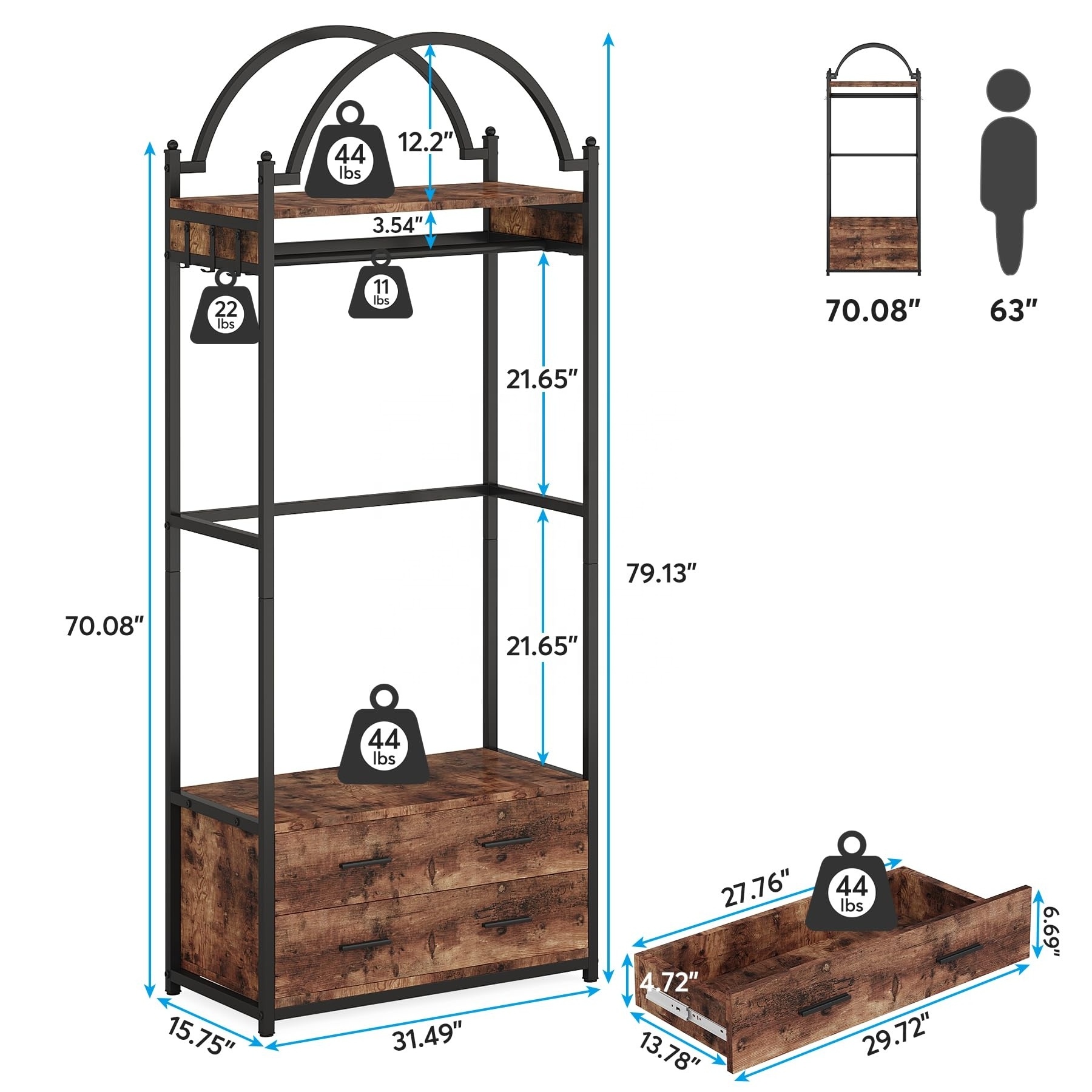 Clothes Rack Closet Organizer with 2 Drawers Heavy Duty Coat  Rack with 6 Hooks Freestanding Hall Clothing Rack With Storage