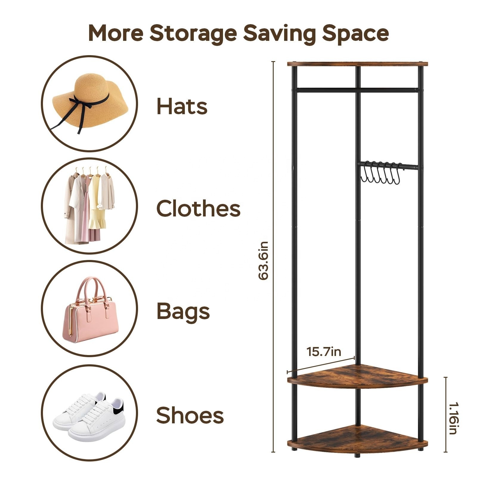 Coat Rack Freestanding Corner Hall Tree Clothes Rack Coat Hanger Stand with Movable Hooks for Clothes